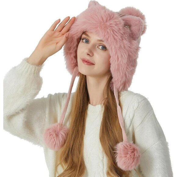 Women Pink Solid Winter Peruvian Cover Ears Beanie Hat Ear Flaps Sherpa Ski Snow main image 5